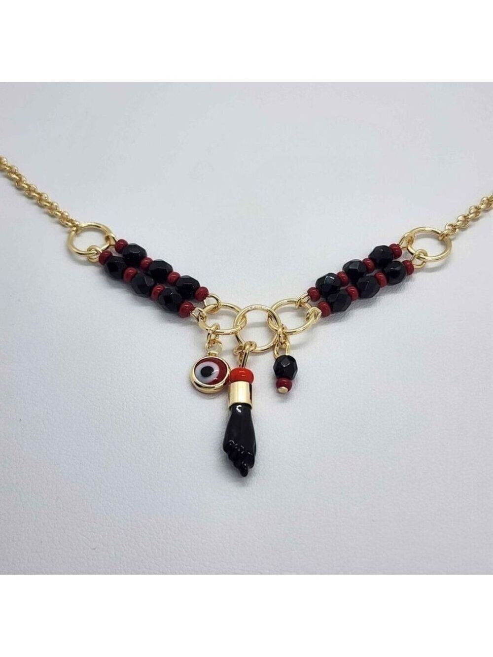 Brand New  Brazilian 18k Gold Filled Red Evil Eye With Figa Hand Necklace